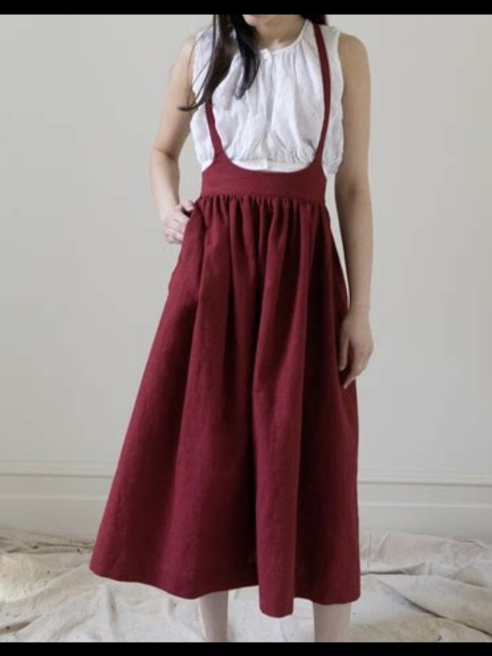 Ovate Ursula Linen Suspender Skirt In Crimson Red, Size Large
